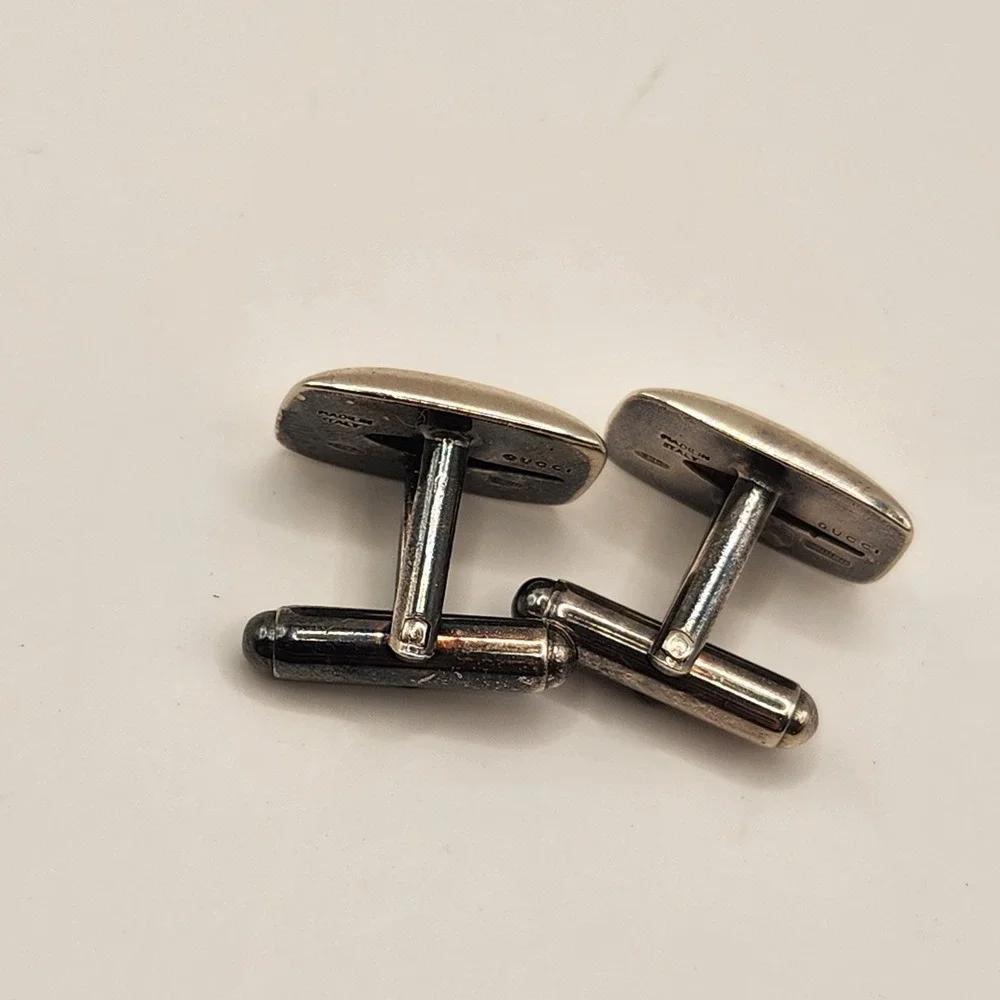 Vintage GUCCI G-Shape Rectangle Cufflinks Sterling Silver 925 Italy Cutout G